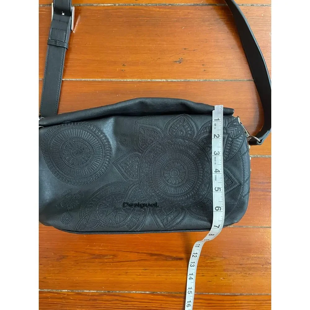 Desigual Black Embossed Mandala Chain Crossbody Shoulder Bag Tassel Boho